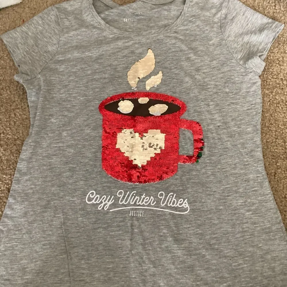 Girls Justice Hot Cocoa Cozy Winter Vibes Sequin Tshirt
